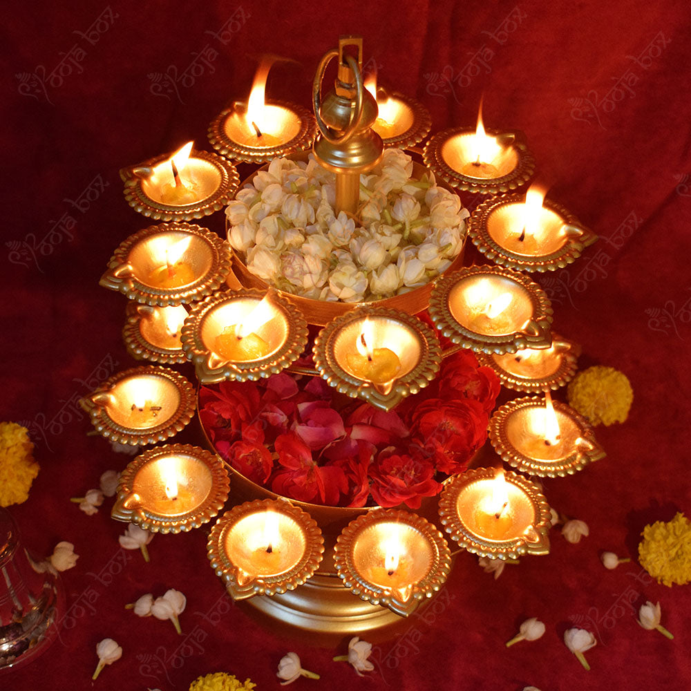 Traditional Peacock Diya Floral Diwali Urli With Stand