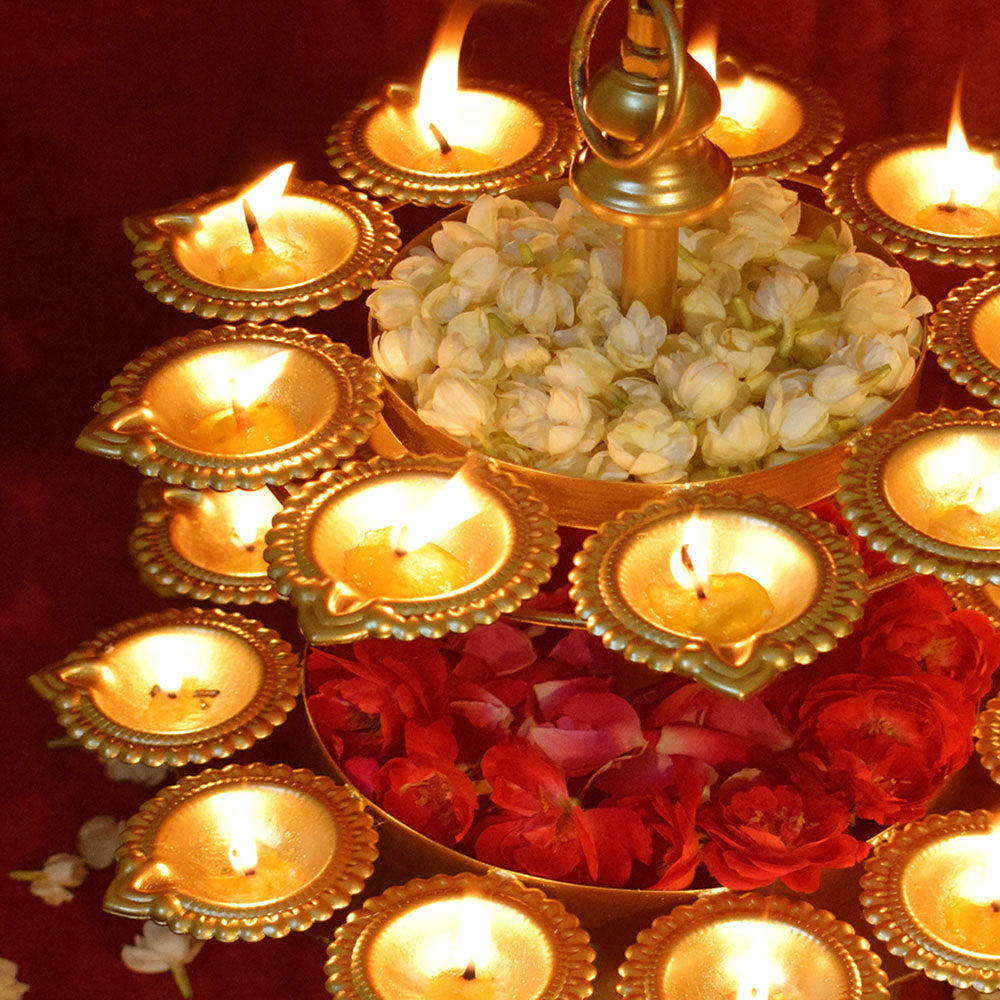 Traditional Peacock Diya Floral Diwali Urli With Stand