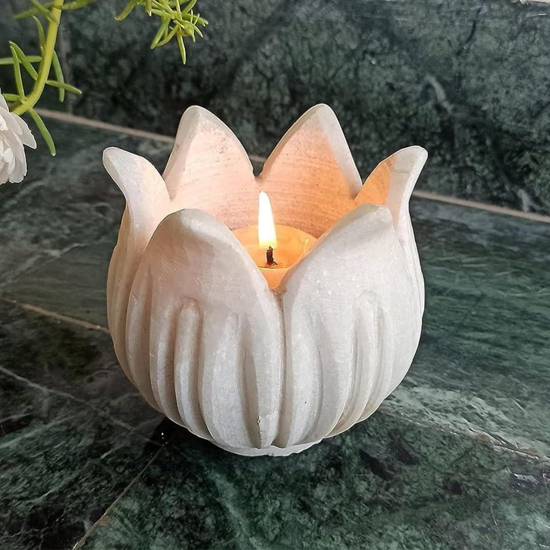 Lotus Shape Marble Candle Holder With Tray