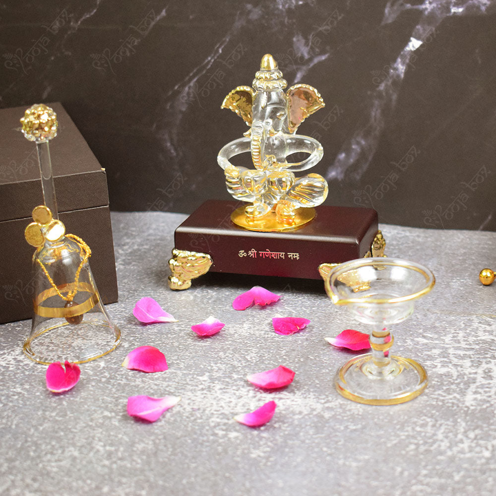 Crystal Ganesha With Bell and Bowl