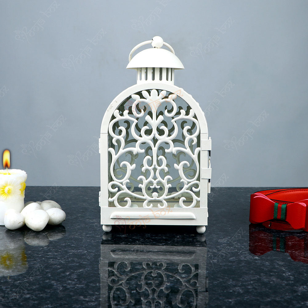 Whitish Cage Shape Lantern for Candle in Metal Cup