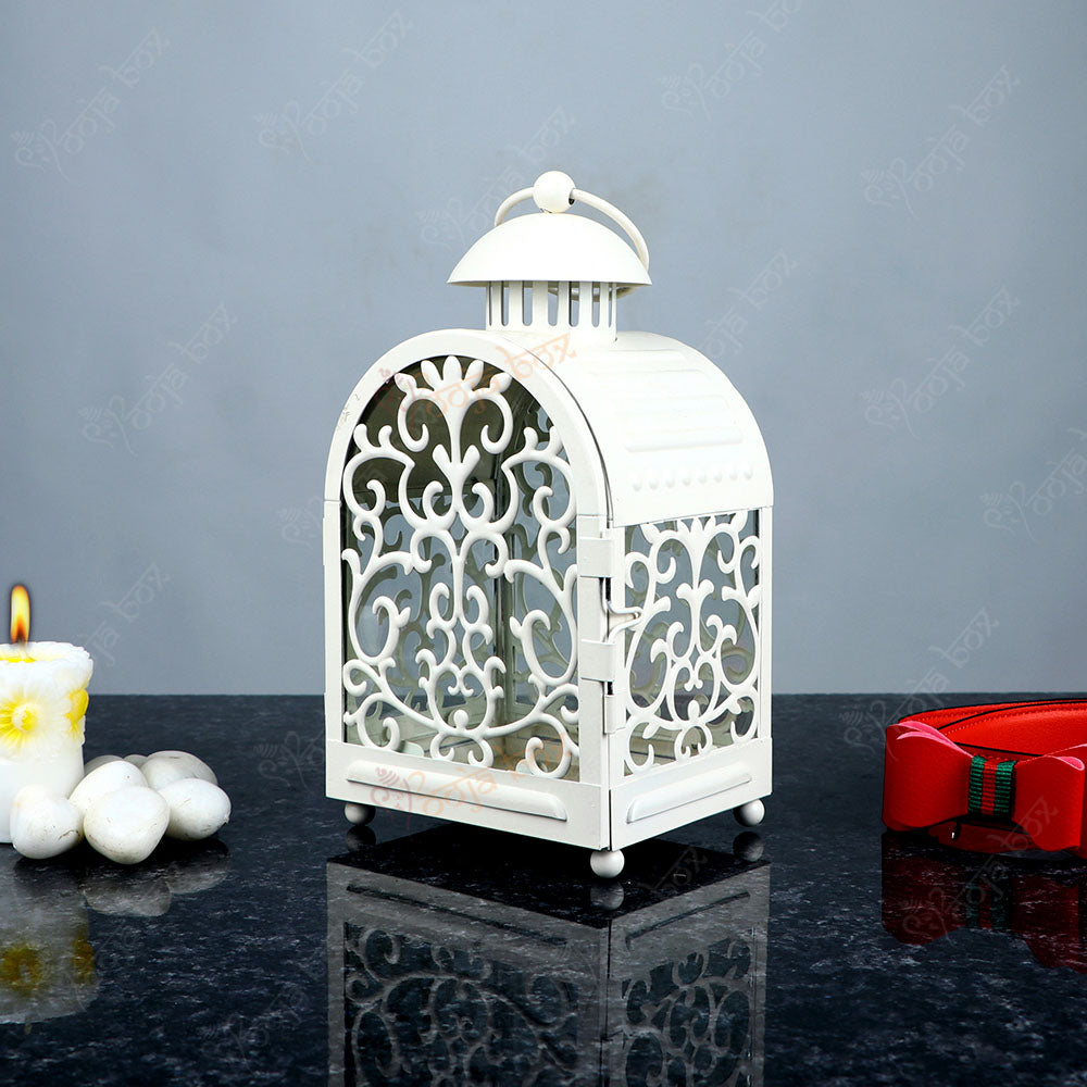 Whitish Cage Shape Lantern for Candle in Metal Cup