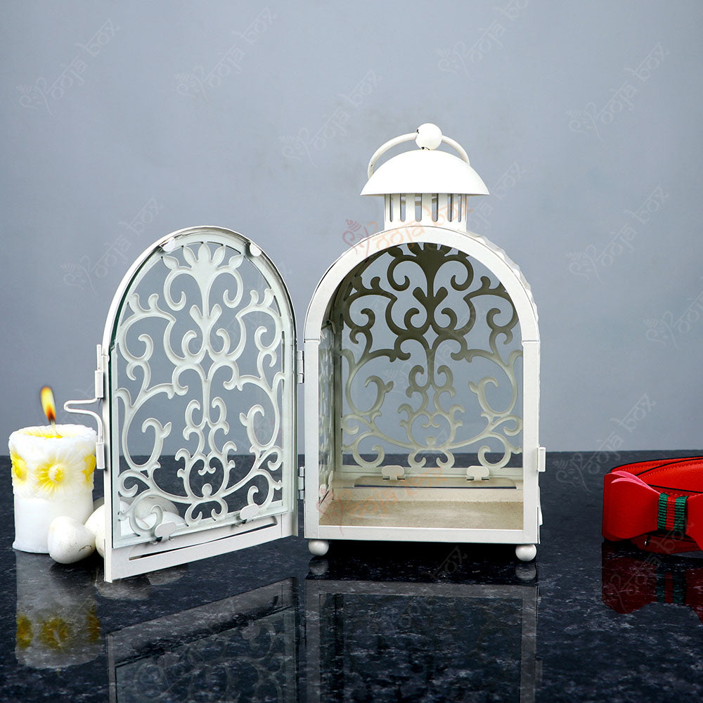 Whitish Cage Shape Lantern for Candle in Metal Cup
