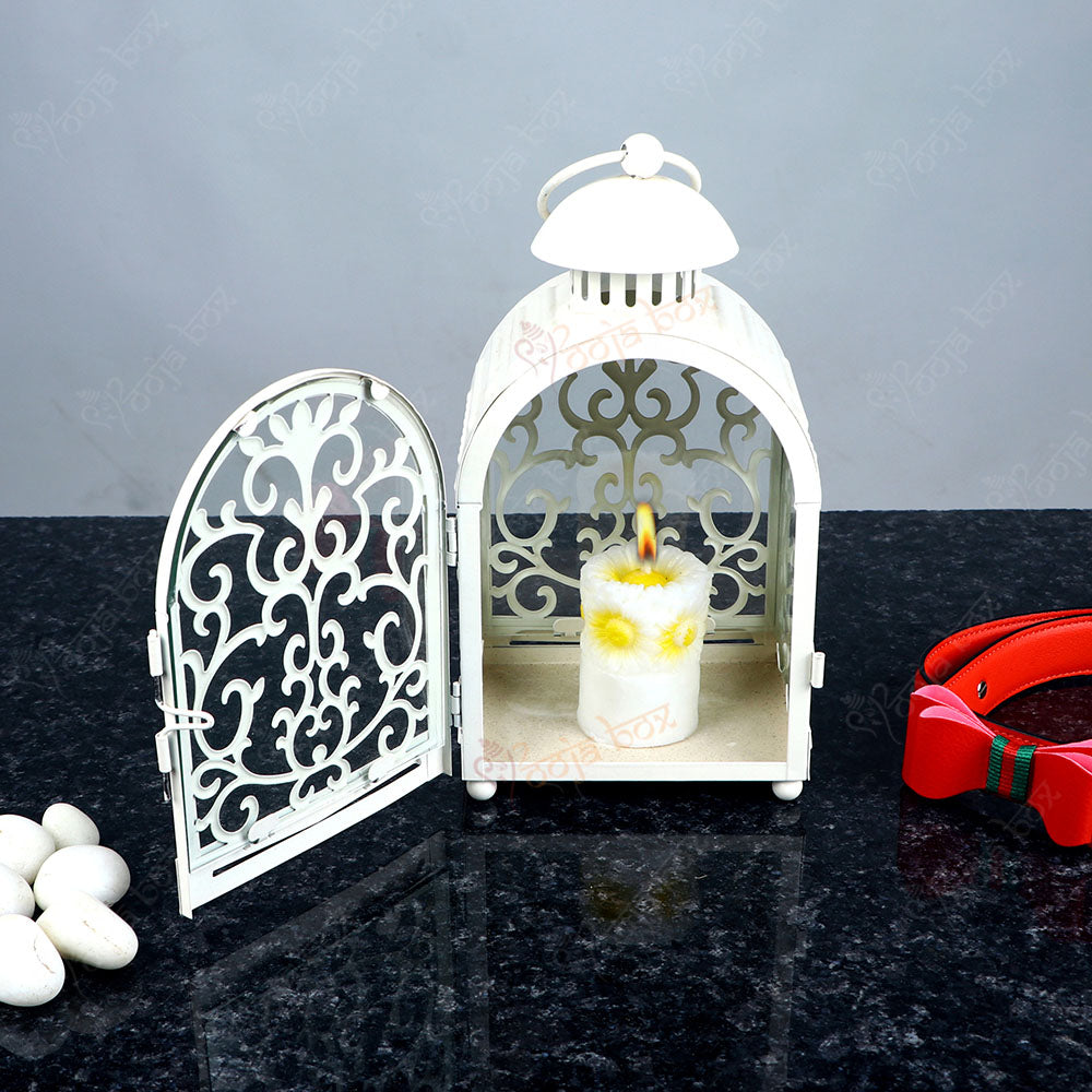 Whitish Cage Shape Lantern for Candle in Metal Cup