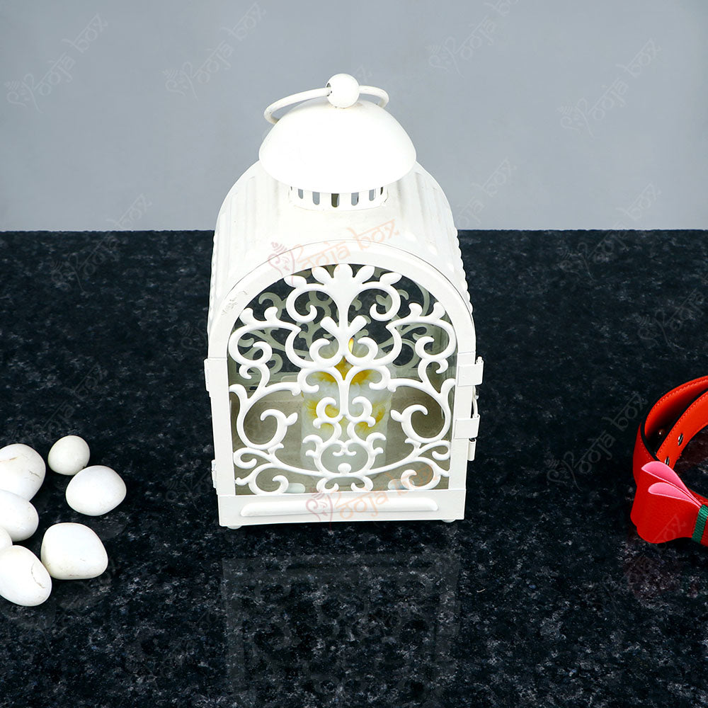 Whitish Cage Shape Lantern for Candle in Metal Cup