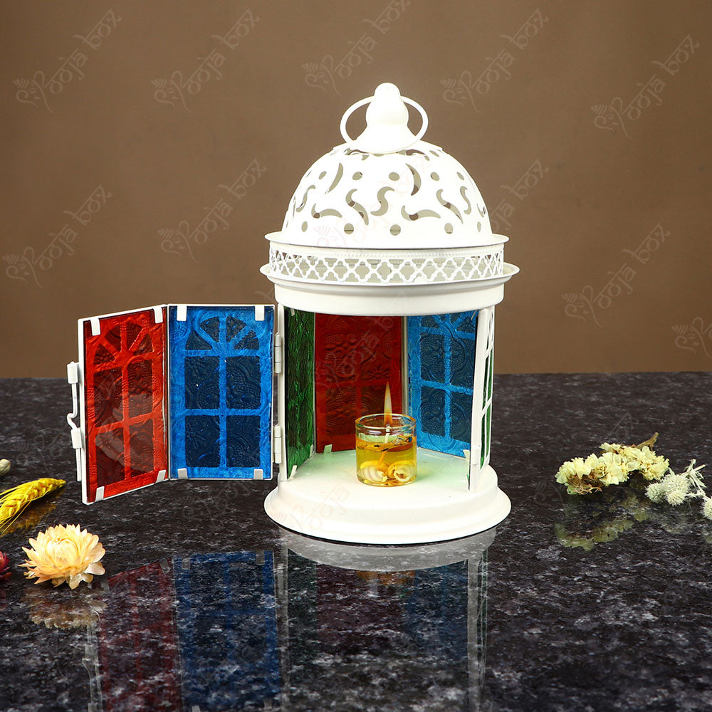 White Solid Iron and Glass Tea light Candle Holder Lantern For Festival and wedding Decor