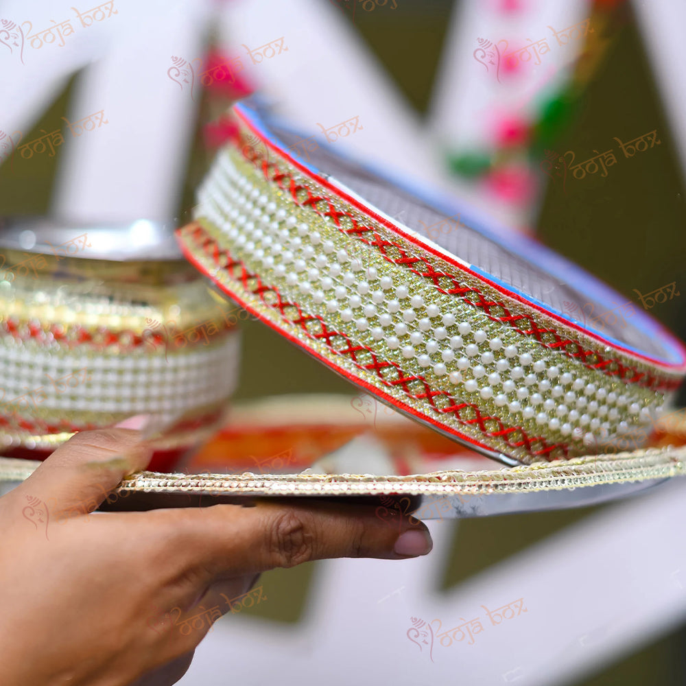 Handcrafted Red & Gold Gota Karwachauth Thali