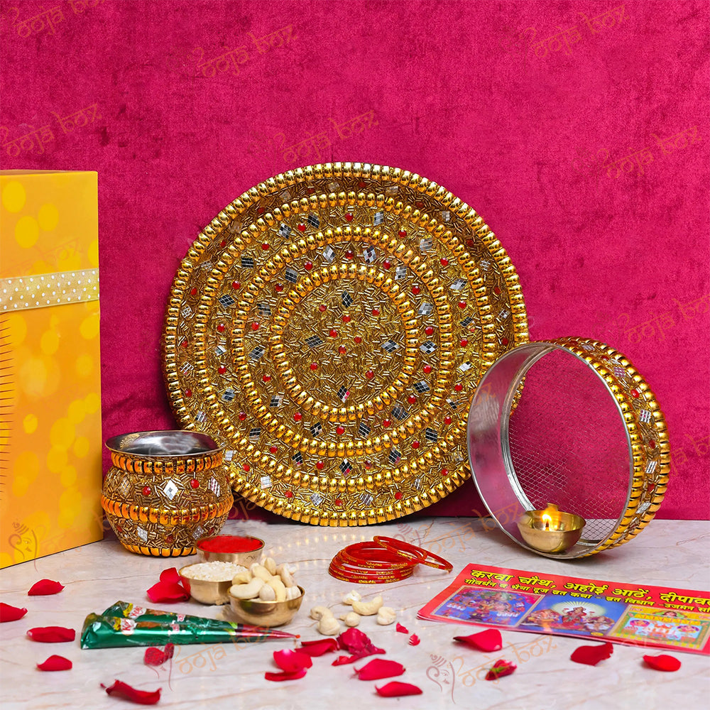 Eye Catching Red & Gold Pearl Karwachauth Thali
