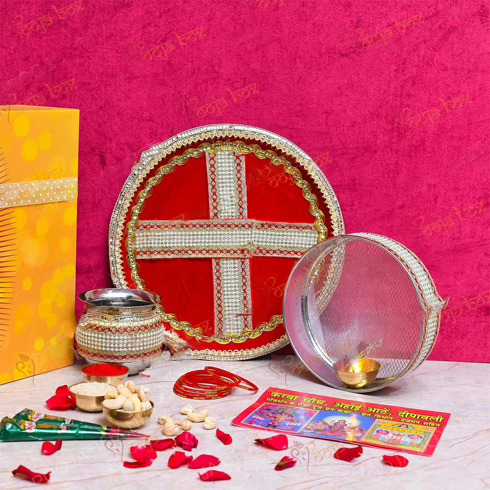 Handcrafted Red & Gold Gota Karwachauth Thali