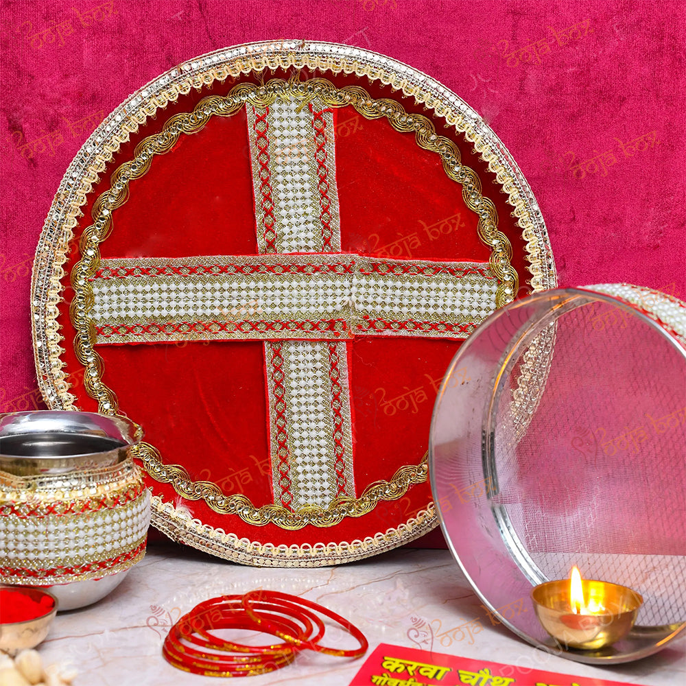 Handcrafted Red & Gold Gota Karwachauth Thali