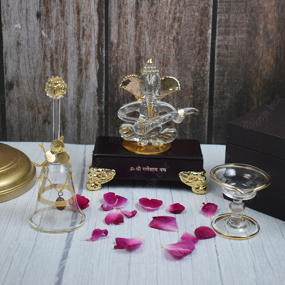 Musical Crystal Ganesha With Bell and Bowl