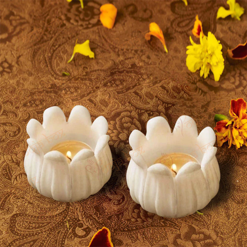 Lotus Shape Marble Candle Holder With Tray