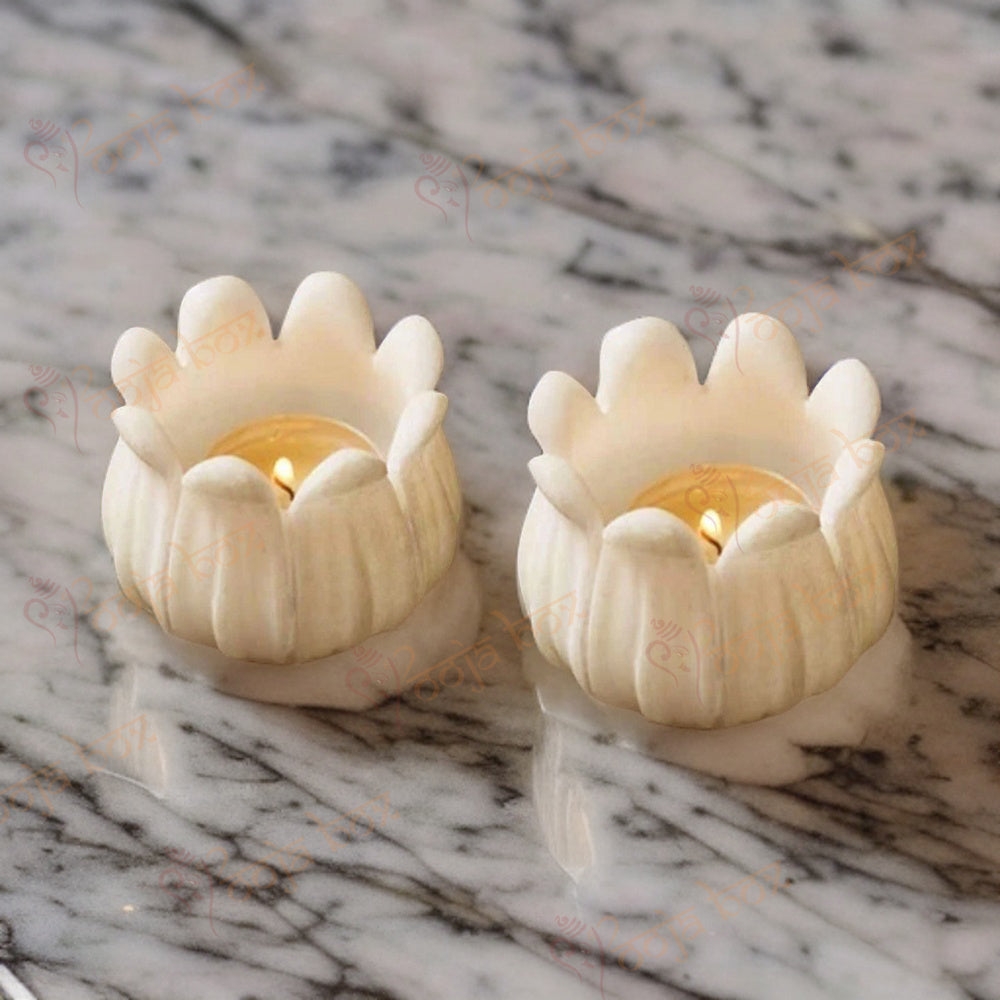 Lotus Shape Marble Candle Holder With Tray