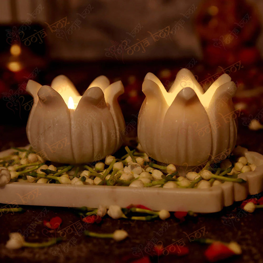 Lotus Shape Marble Candle Holder With Tray