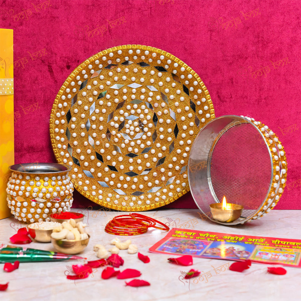 Elegant White Pearl and Gold Karwachauth Thali