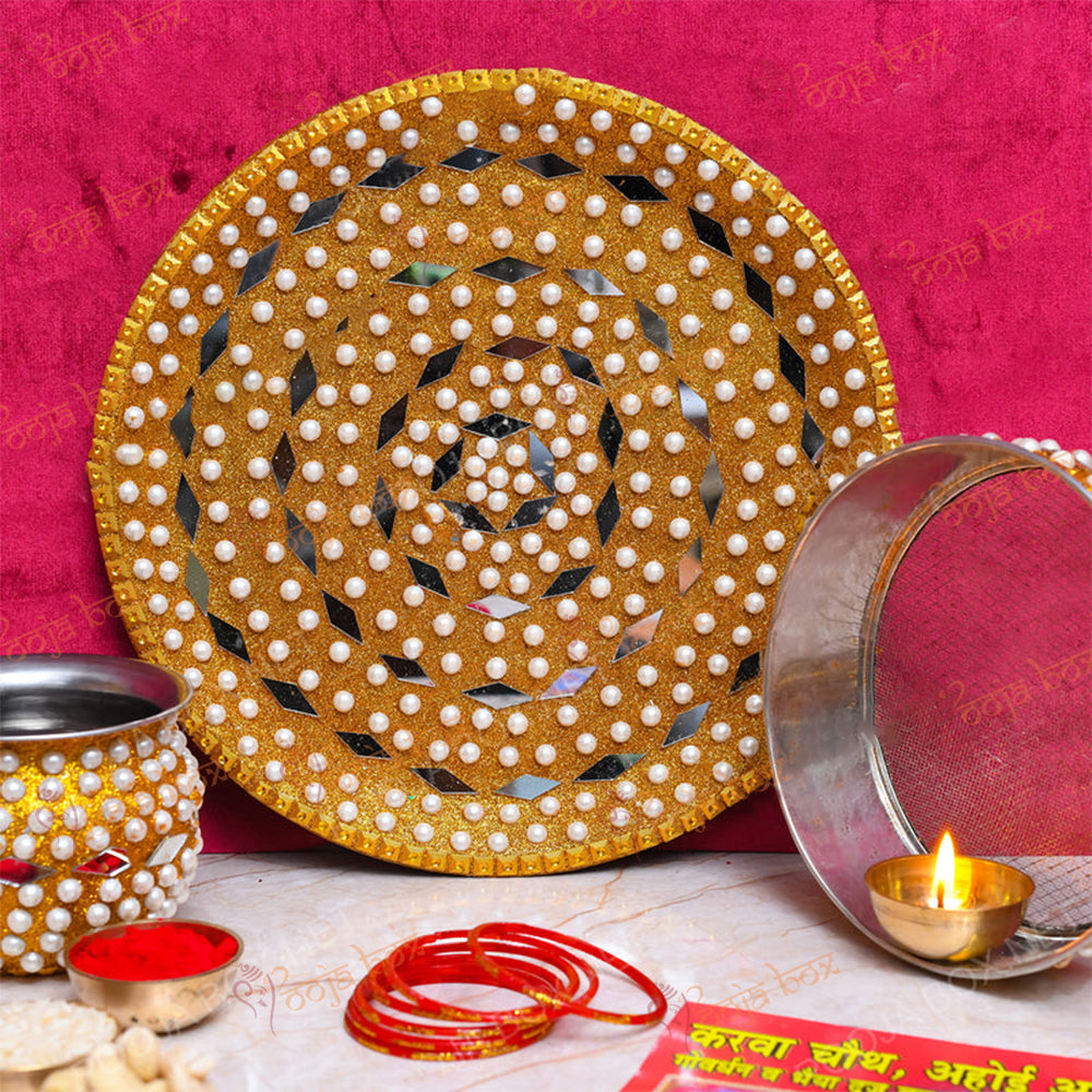 Elegant White Pearl and Gold Karwachauth Thali