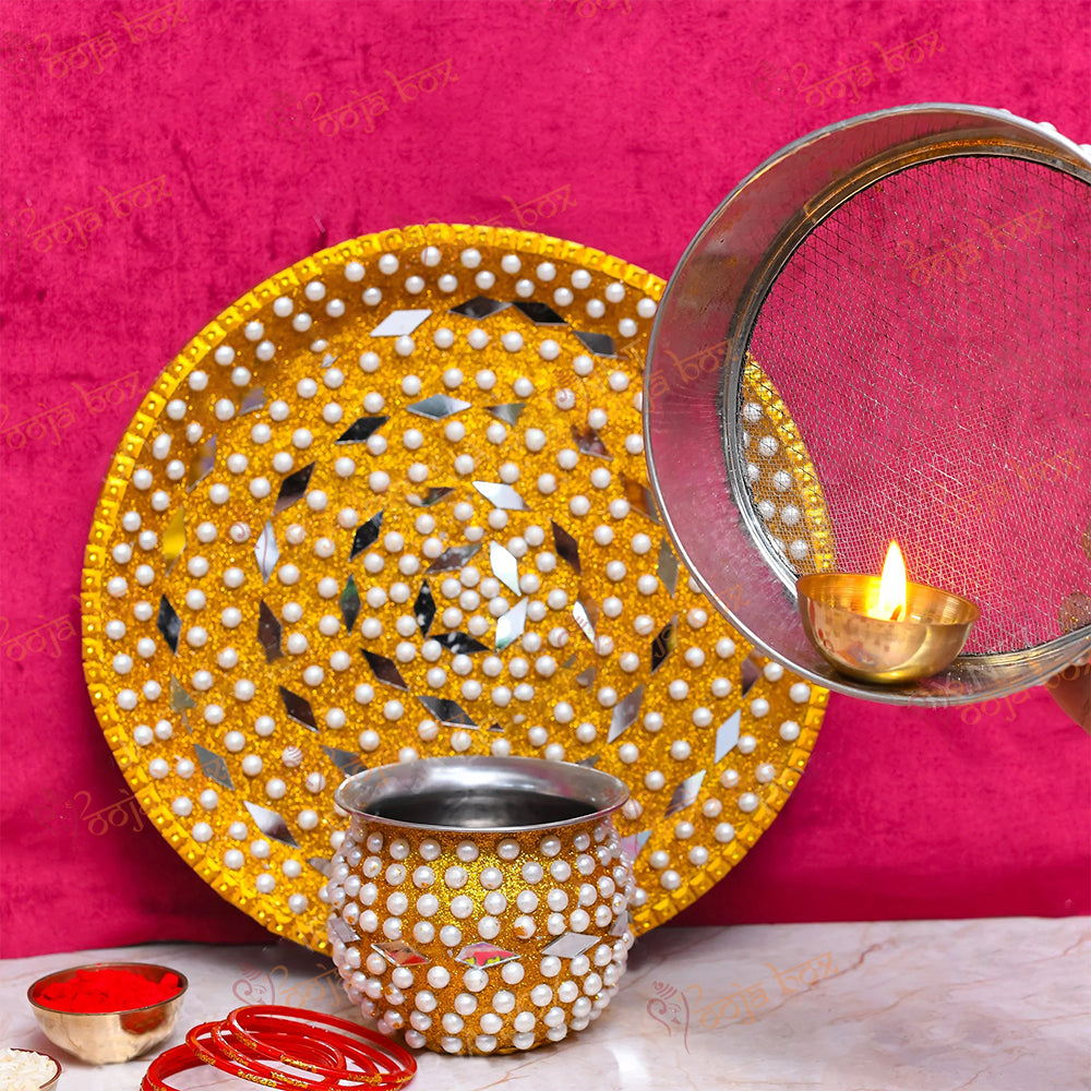 Elegant White Pearl and Gold Karwachauth Thali
