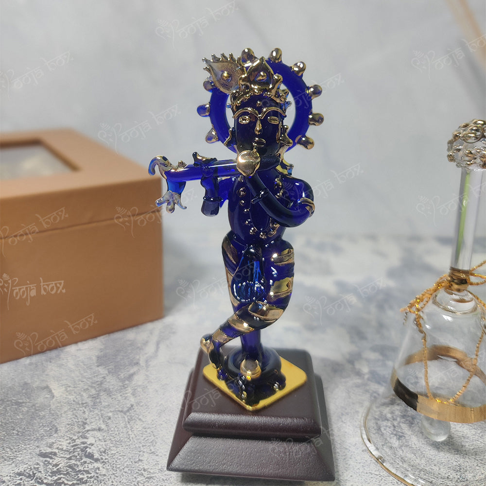 Blue Krishna Crystal Glass god Idol with White Crystal Bell for Home Decoration, Fitted on The car Dashboard