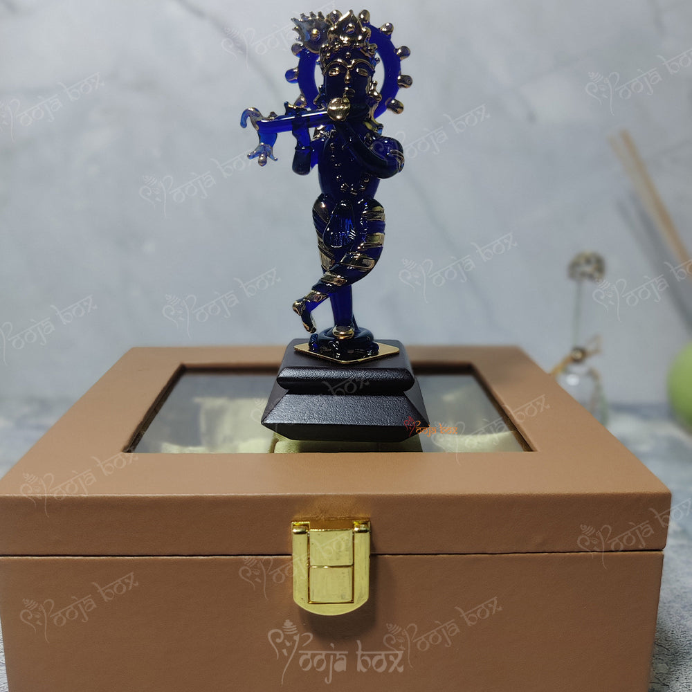 Blue Krishna Crystal Glass god Idol with White Crystal Bell for Home Decoration, Fitted on The car Dashboard