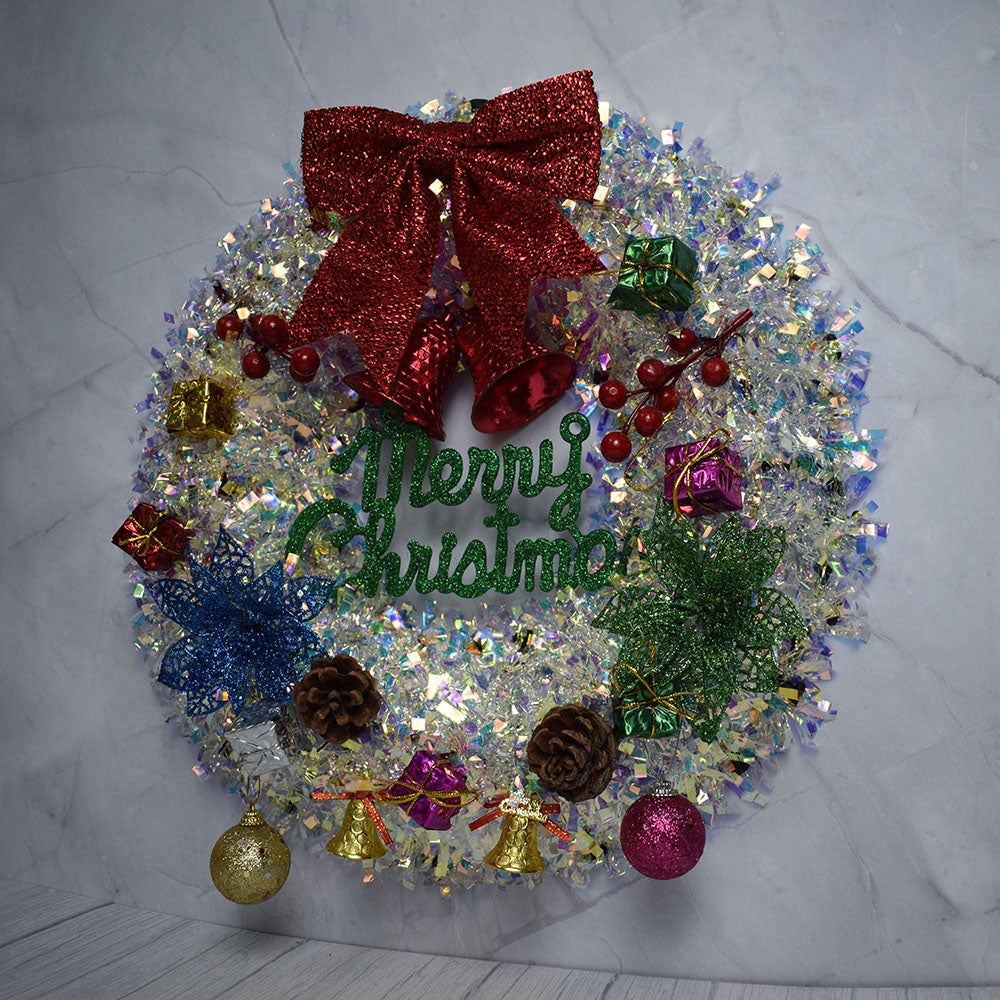 Christmas Silver Wall Bowknot Hanging Decoration – Silver Christmas Wreath Garland, Xmas Party Door Ornament, Christmas Decorations for Home, Front Door Seasonal Décor