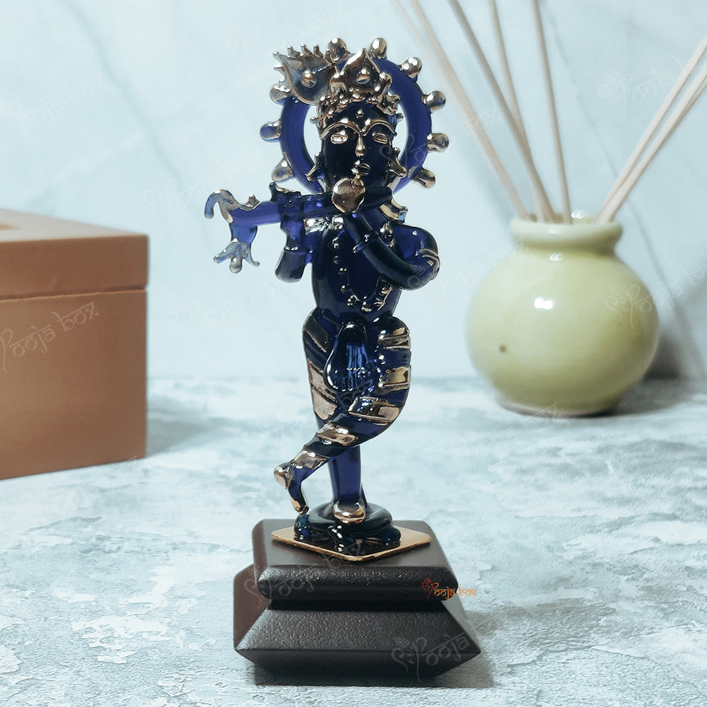 Blue Krishna Crystal Glass god Idol with White Crystal Bell for Home Decoration, Fitted on The car Dashboard