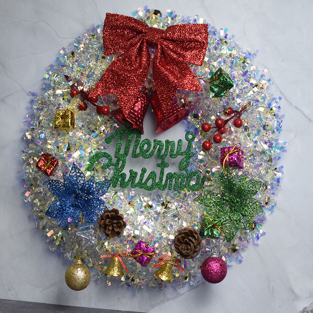 Christmas Silver Wall Bowknot Hanging Decoration – Silver Christmas Wreath Garland, Xmas Party Door Ornament, Christmas Decorations for Home, Front Door Seasonal Décor