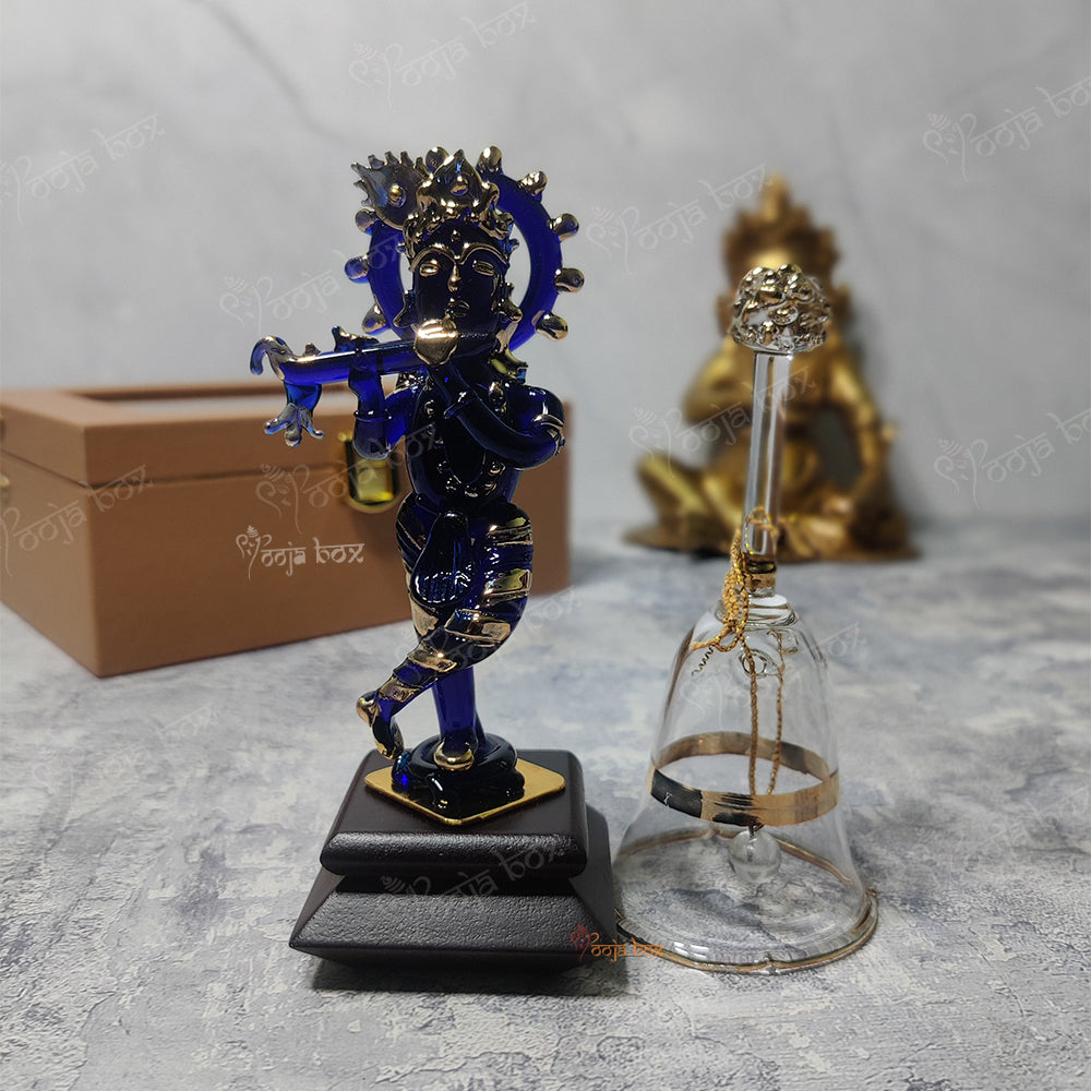 Blue Krishna Crystal Glass god Idol with White Crystal Bell for Home Decoration, Fitted on The car Dashboard