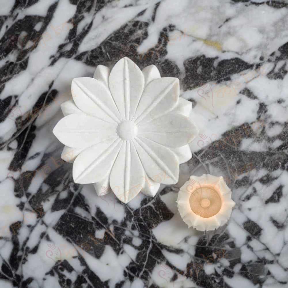 Floral Marble Urli 12 Inches With Lotus Candle Holder