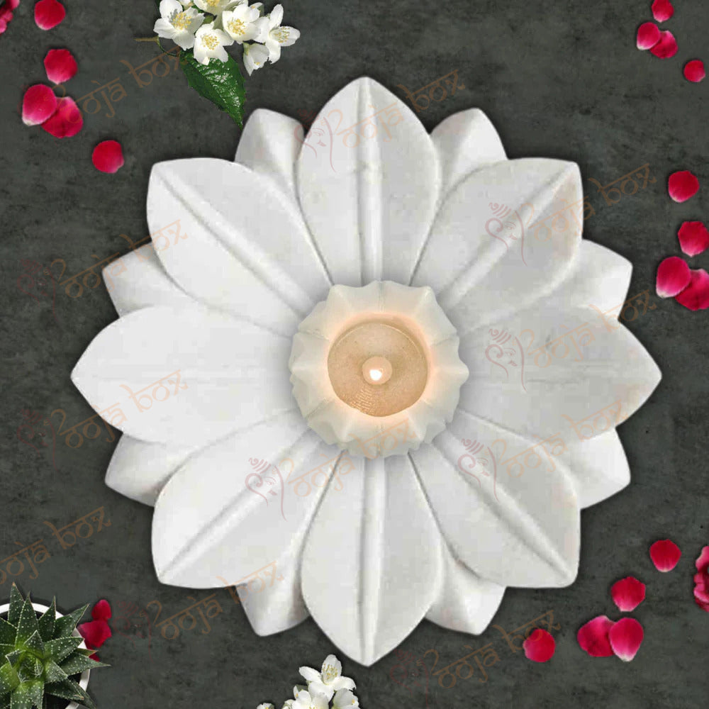 Floral Marble Urli 12 Inches With Lotus Candle Holder