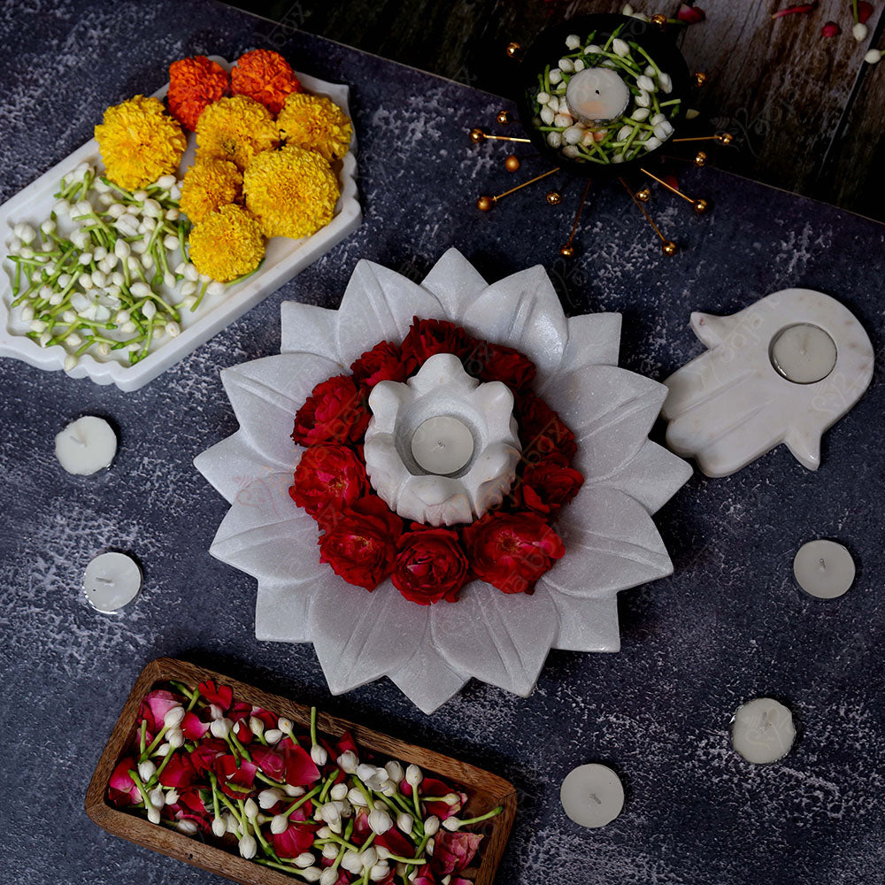 Floral Marble Urli With Lotus Candle Holder