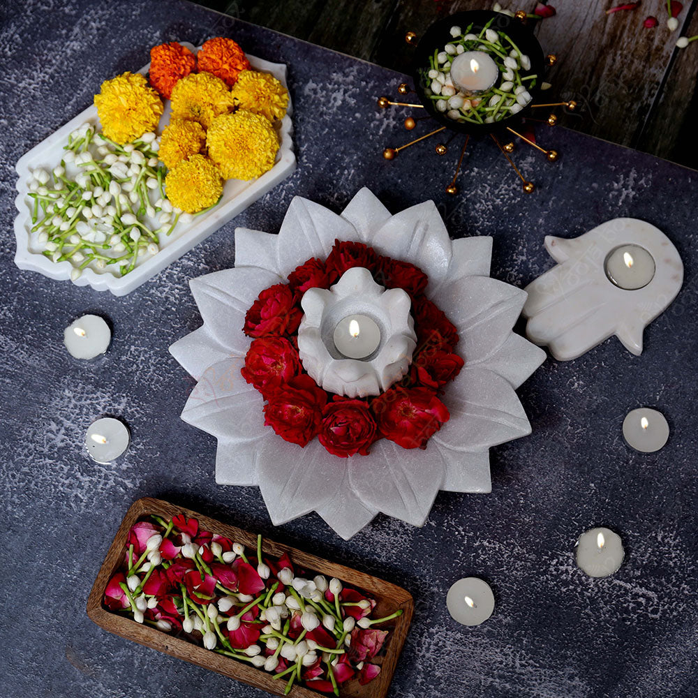 Floral Marble Urli With Lotus Candle Holder