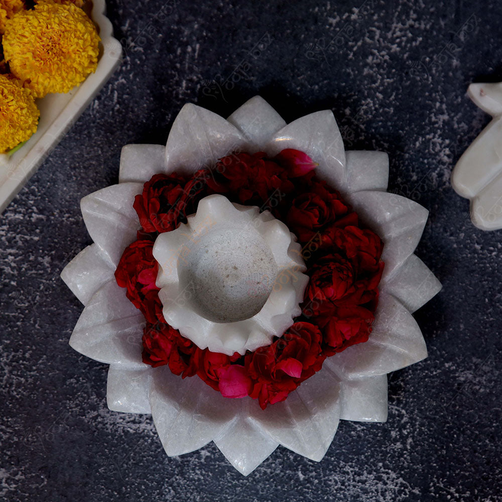 Floral Marble Urli With Lotus Candle Holder