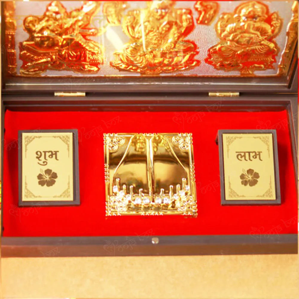 Gold Plated Laxmi Ganesha Saraswati Photo Frame with Charan Paduka Worship Boxes