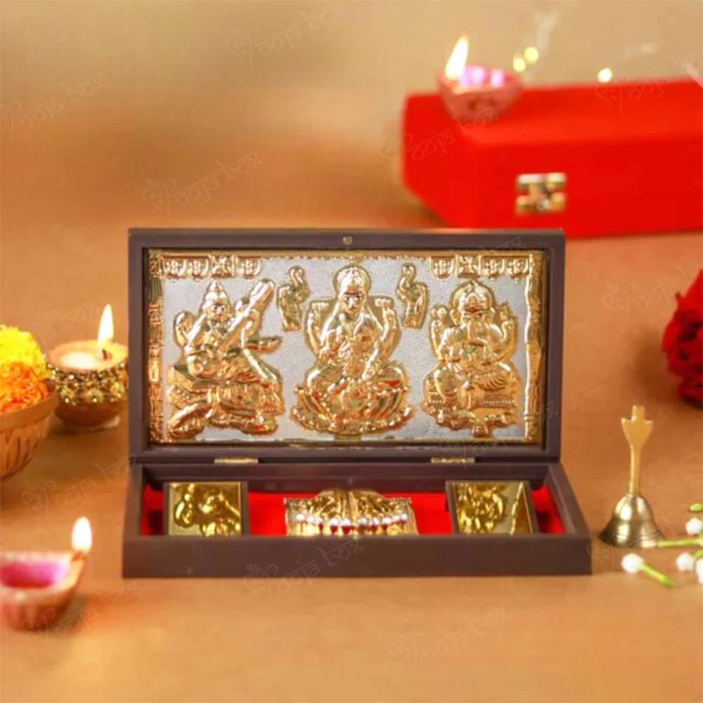 Gold Plated Laxmi Ganesha Saraswati Photo Frame with Charan Paduka Worship Boxes