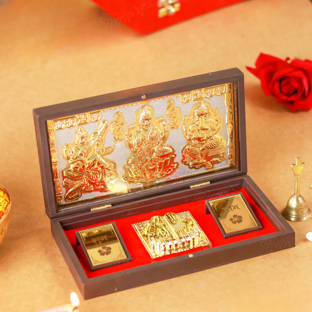 Gold Plated Laxmi Ganesha Saraswati Photo Frame with Charan Paduka Worship Boxes
