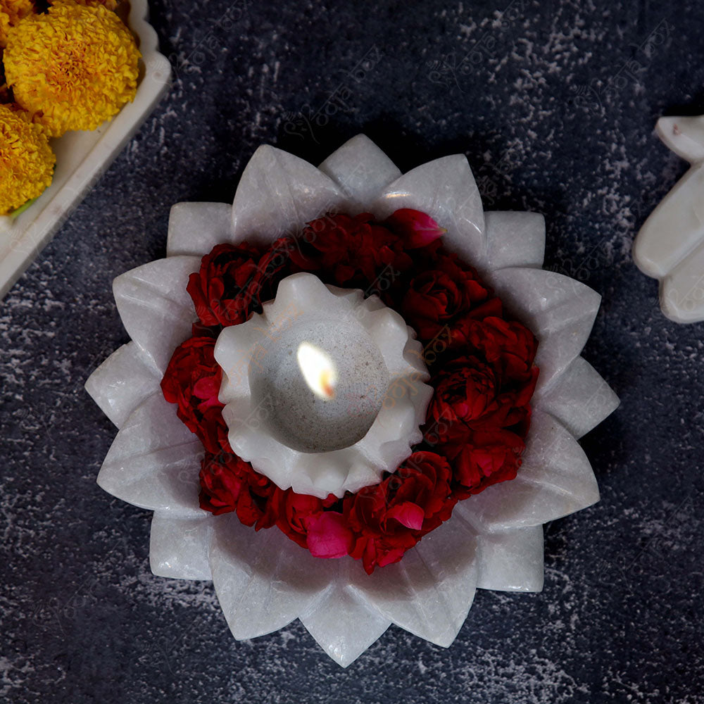 Floral Marble Urli With Lotus Candle Holder