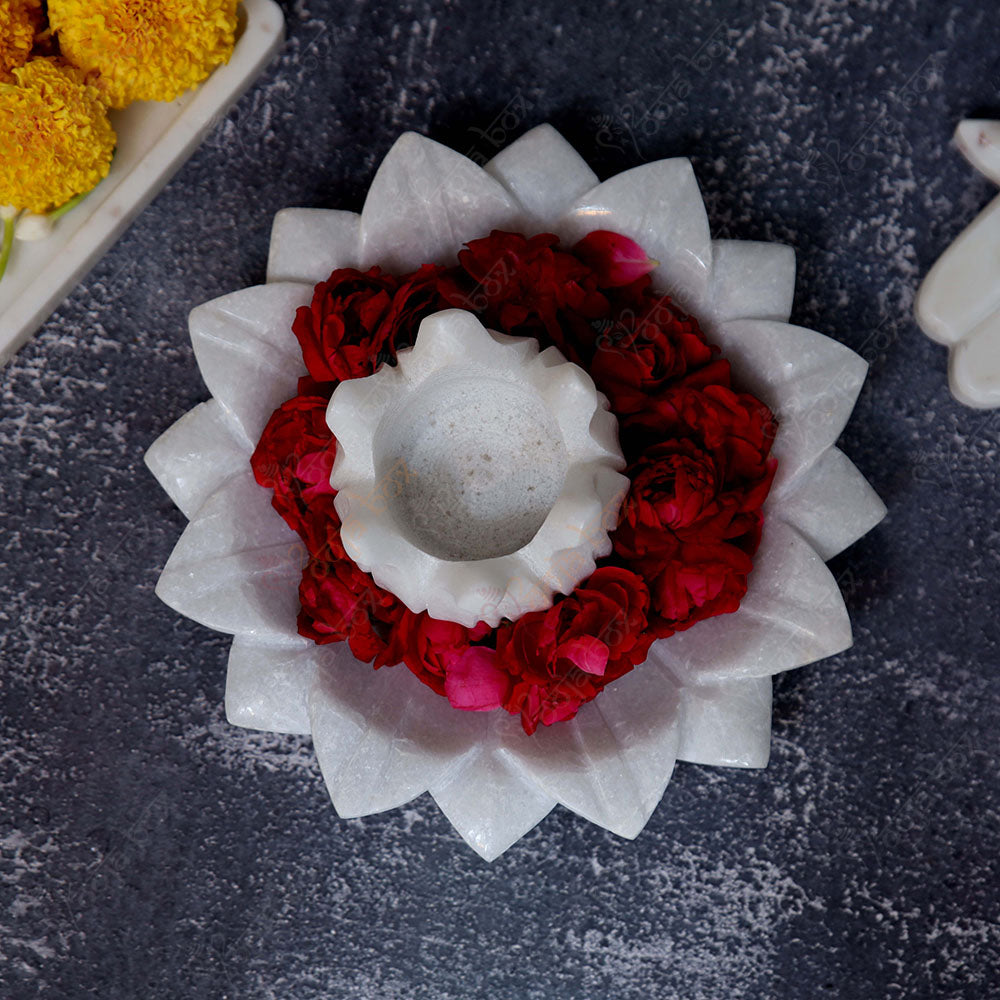 Floral Marble Urli With Lotus Candle Holder