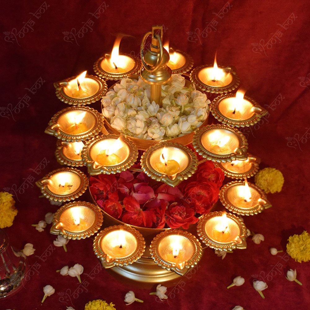 Traditional Peacock Diya Floral Diwali Urli With Stand