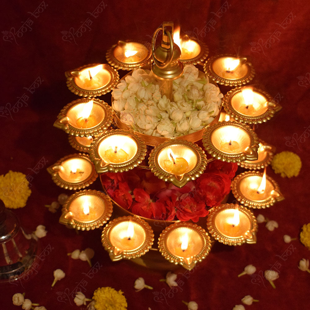 Traditional Peacock Diya Floral Diwali Urli With Stand