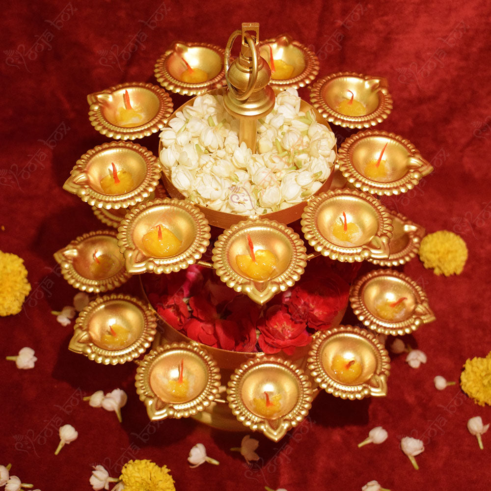 Traditional Peacock Diya Floral Diwali Urli With Stand