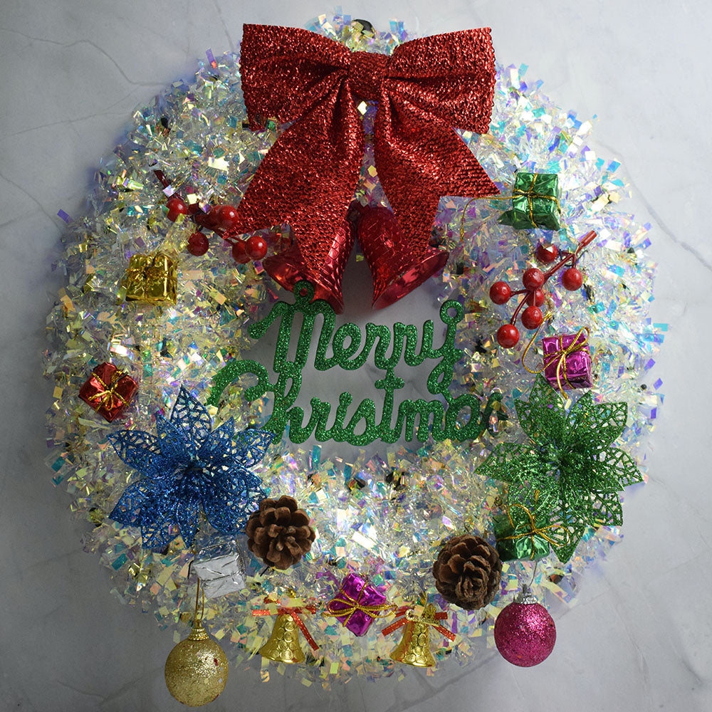 Christmas Silver Wall Bowknot Hanging Decoration – Silver Christmas Wreath Garland, Xmas Party Door Ornament, Christmas Decorations for Home, Front Door Seasonal Décor