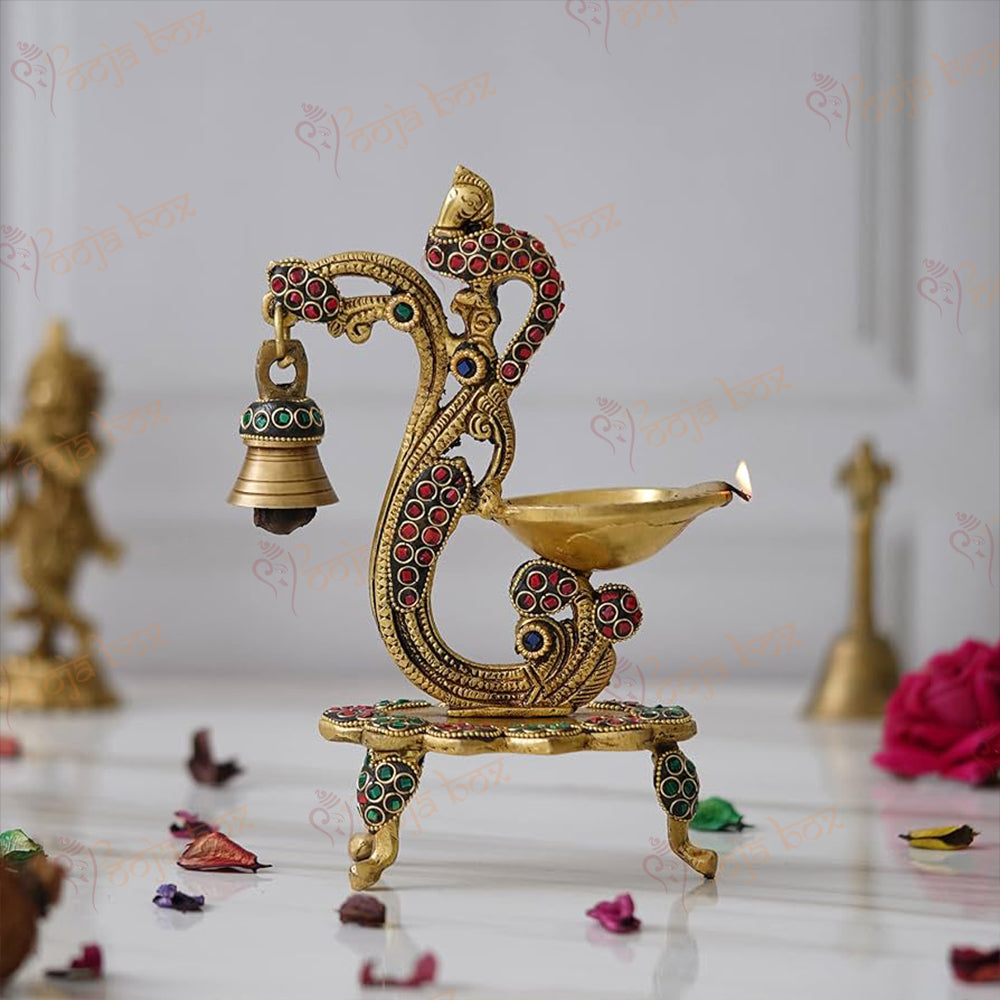 Antique Brass Peacock Design Stone Diya