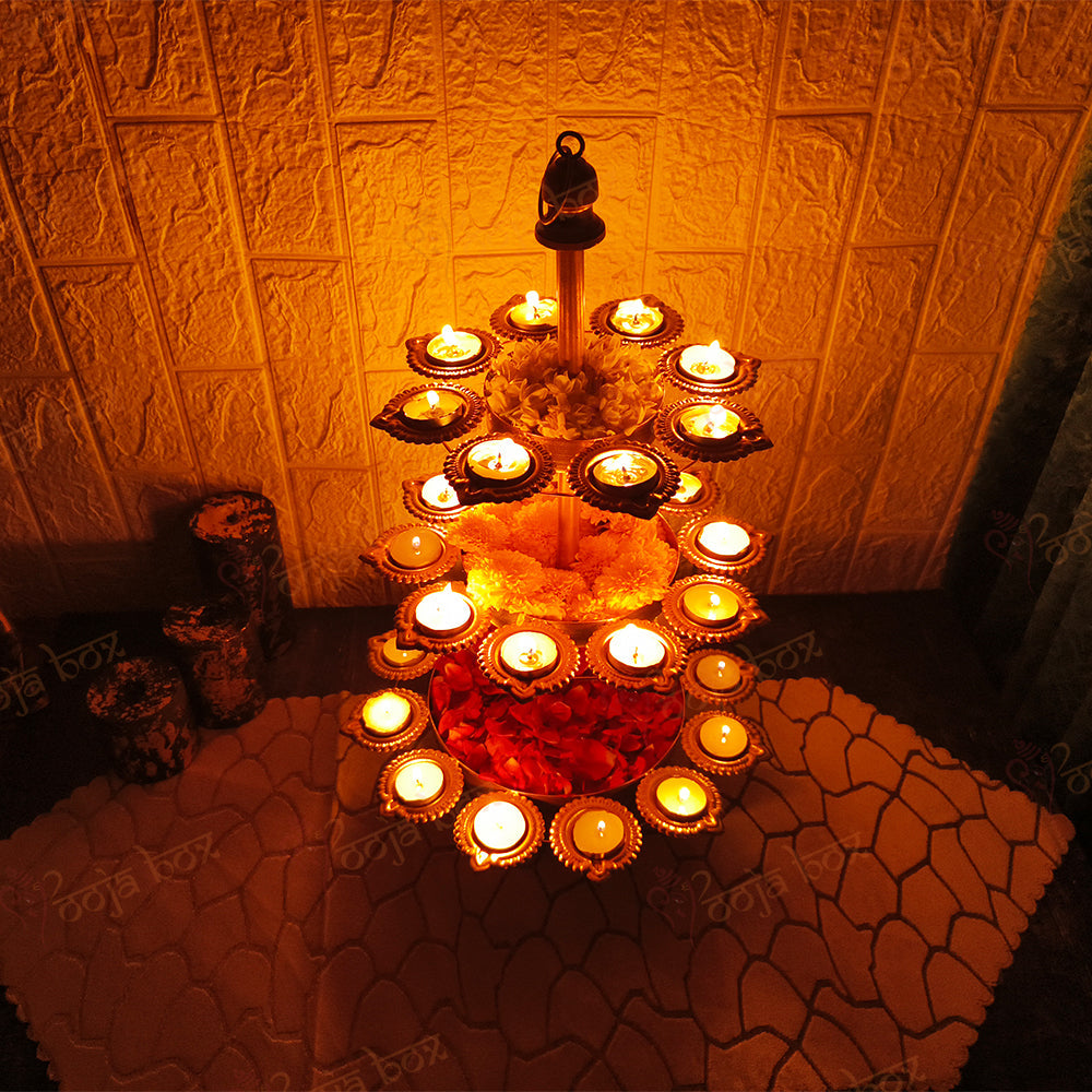 Traditional Peacock Diya Floral Diwali Urli With Stand