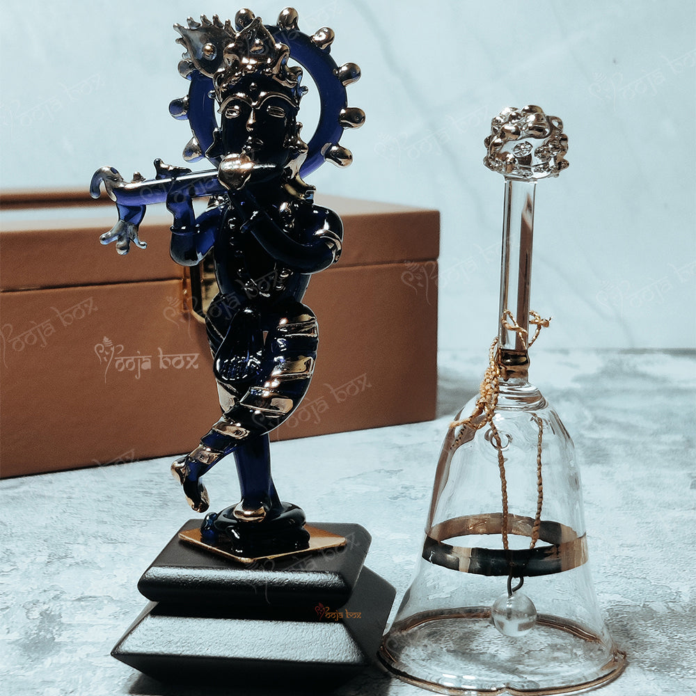 Blue Krishna Crystal Glass god Idol with White Crystal Bell for Home Decoration, Fitted on The car Dashboard
