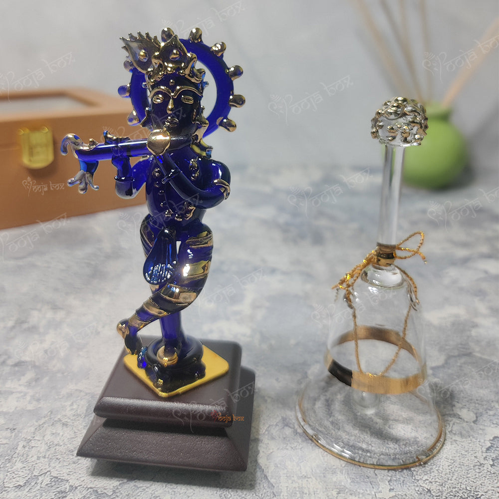 Blue Krishna Crystal Glass god Idol with White Crystal Bell for Home Decoration, Fitted on The car Dashboard