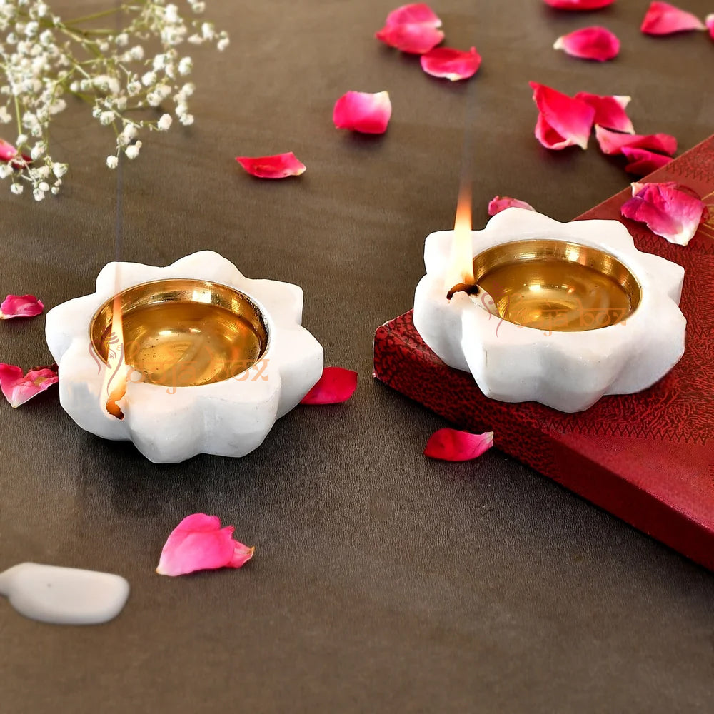 Antique Floral Marble Brass Diya