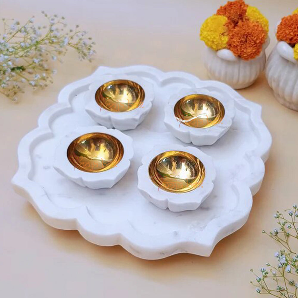 Antique Floral Marble Brass Diya