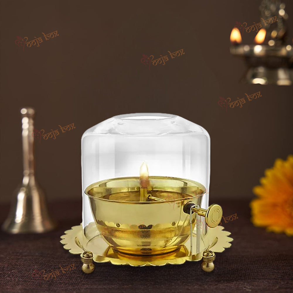Brass Akhand Jyot Diya With Wick Lifting Screw Lever