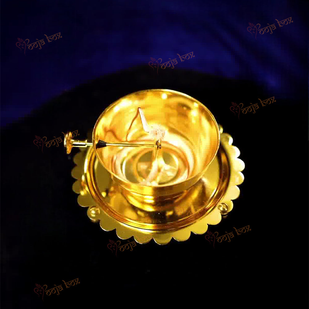 Brass Akhand Jyot Diya With Wick Lifting Screw Lever