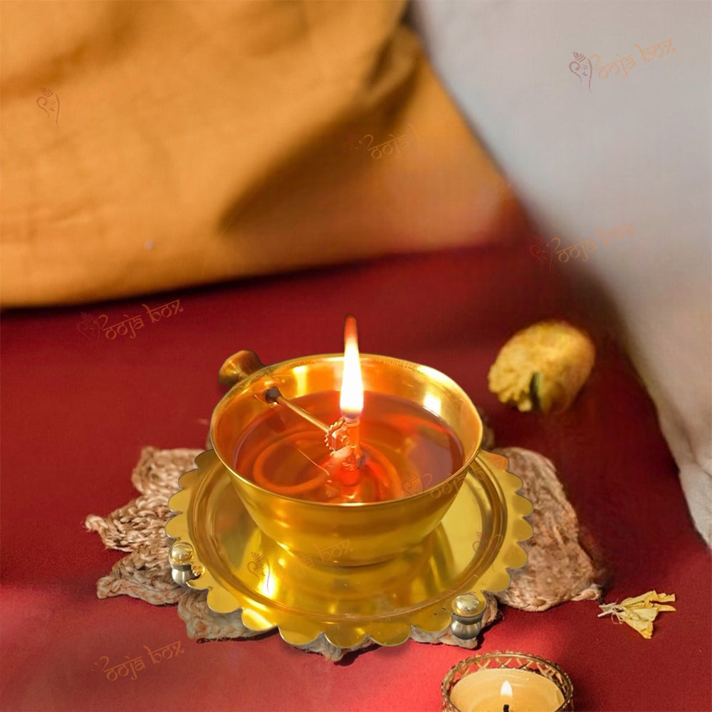 Brass Akhand Jyot Diya With Wick Lifting Screw Lever